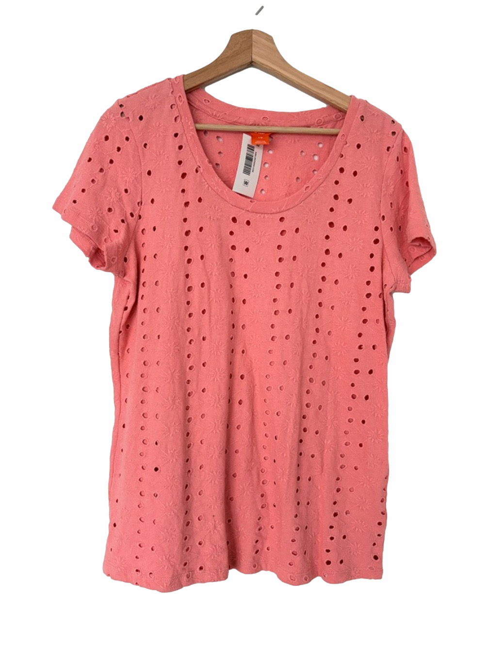JOE FRESH LIGHT CORAL PINK 100% COTTON EYELET SCOOP NECK SHORT SLEEVE TEE, LARGE